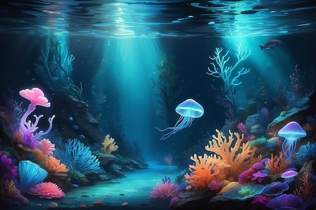 수중 심포니 해저 바다 장면 배경: 해양 생명의 매혹적인 발레와 침수된 아름다움, 조용한 깊이에 잠긴 생성 AI