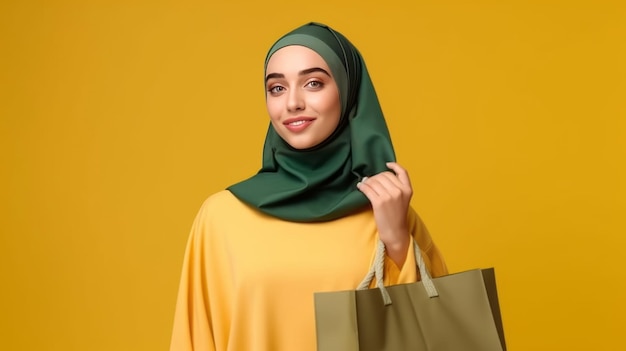 Arab asian woman in hijab and abaya holding shopping bag black friday sale concept