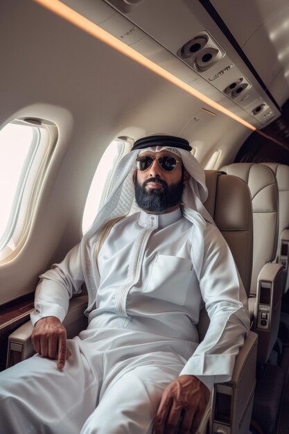 Photo arab businessman in a business jet generative ai