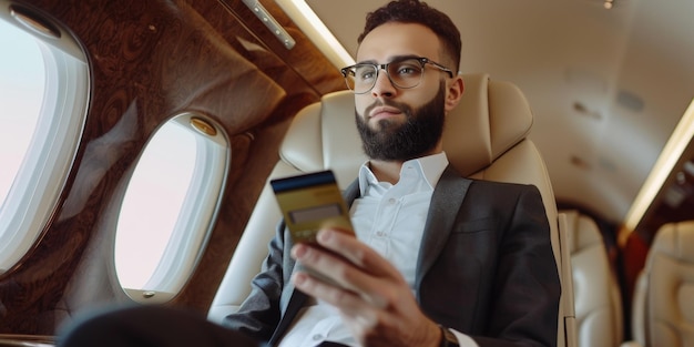 Arab businessman in a business jet Generative AI