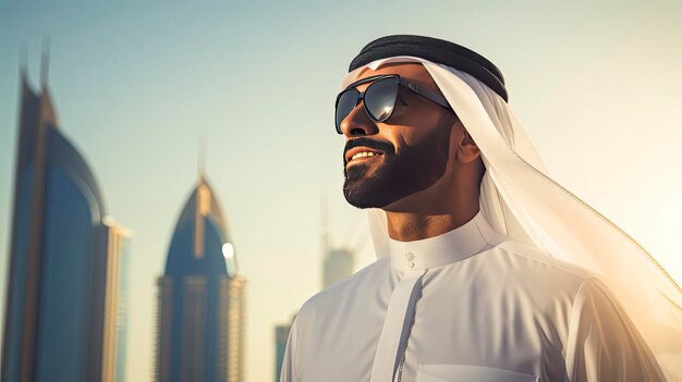 Arab businessman in Dubai one color background copy space