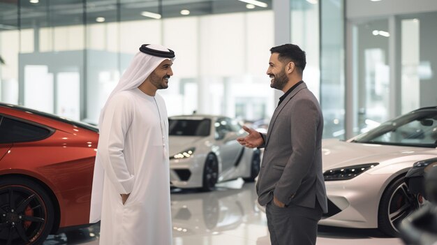 車のショールームで売り手の男性と話すアラブのビジネスマン