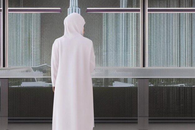 Foto un uomo d'affari arabo in abiti tradizionali si trova nel suo ufficio sullo sfondo di grattacieli