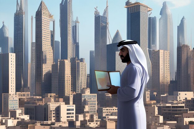 Arab businessman in traditional clothing stands in his office against a backdrop of skyscrapers