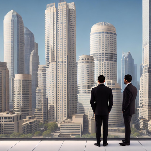 Arab businessman in traditional clothing stands in his office against a backdrop of skyscrapers