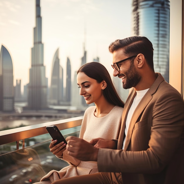 arab couple staying on terrace with Burj khalifa view