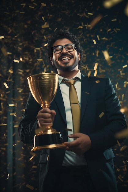 Photo arab employee celebrating award