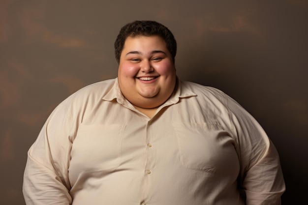 Foto espressione felice del ragazzo grasso arabo sullo sfondo del muro generato ai