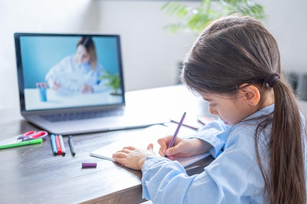 온라인으로 교사와 함께 그리는 것을 배우는 노트북 아이를 사용하여 온라인 수업 교육을 받는 아랍 소녀