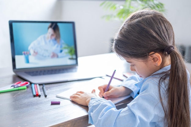 Arab girl having online lesson education using laptop kid\
learning to draw with teacher online