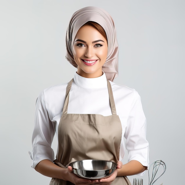 Арабская девушка готовит, держа в руке кухонные приборы.