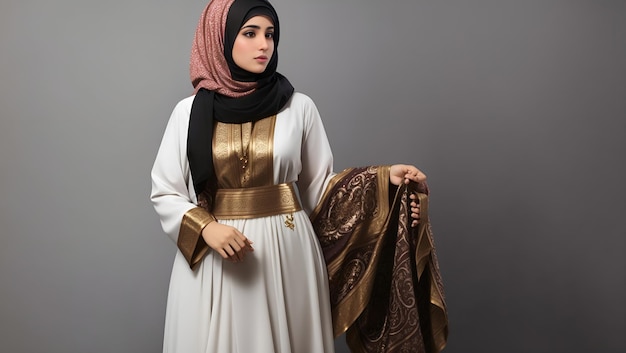 Arab girl in traditional dress leaves spaceGenerative AI