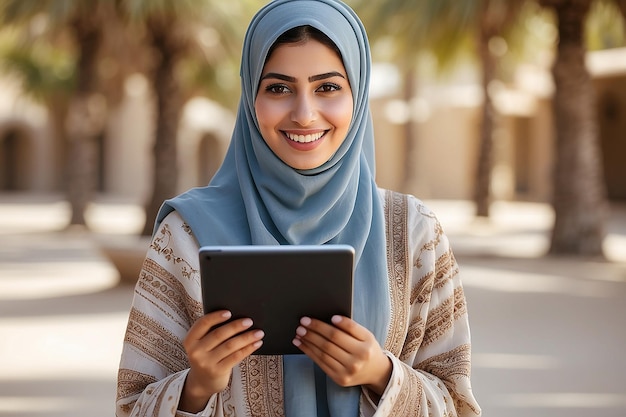 Photo arab girl with tablet computer showing a social network