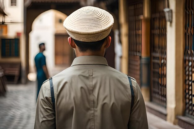 写真 カキ色のシャツを着て通りを自信を持って歩くアラブ人またはペルシャ人