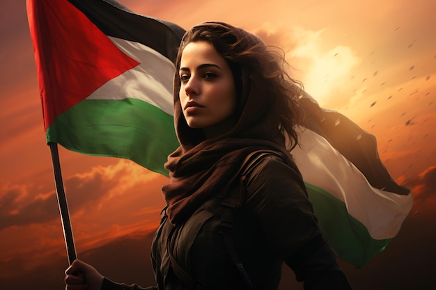 An arab lady clutches a palestinian flag in her hands