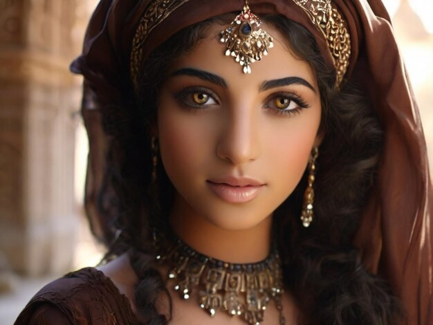 An Arab lady radiates charm and grace with the subtle enhancement of her eyes through the use of con