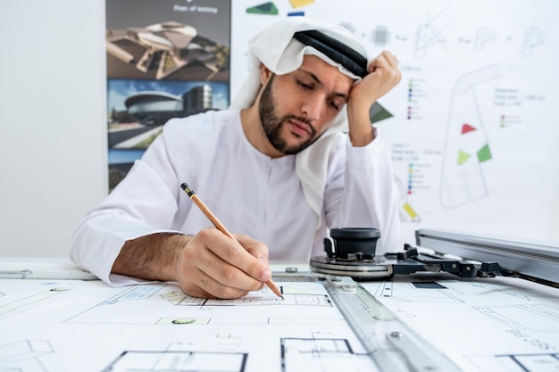 Arab male architect working while he is feeling tired