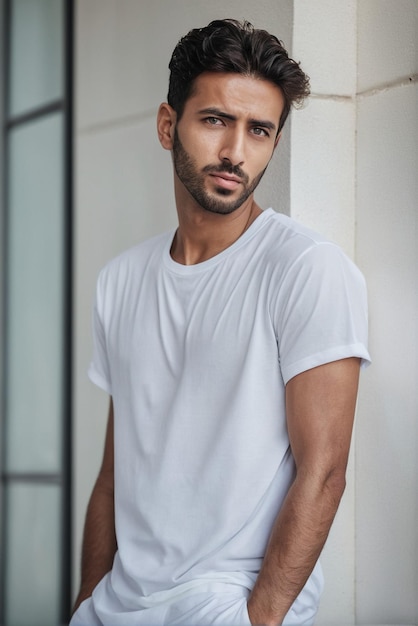白いTシャツを着たアラブ人の男性モデルオーバーサイズTシャツモックアップあなたのデザインの白いTシャットモデル