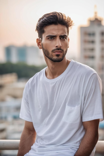 白いTシャツを着たアラブ人の男性モデルオーバーサイズTシャツモックアップあなたのデザインの白いTシャットモデル