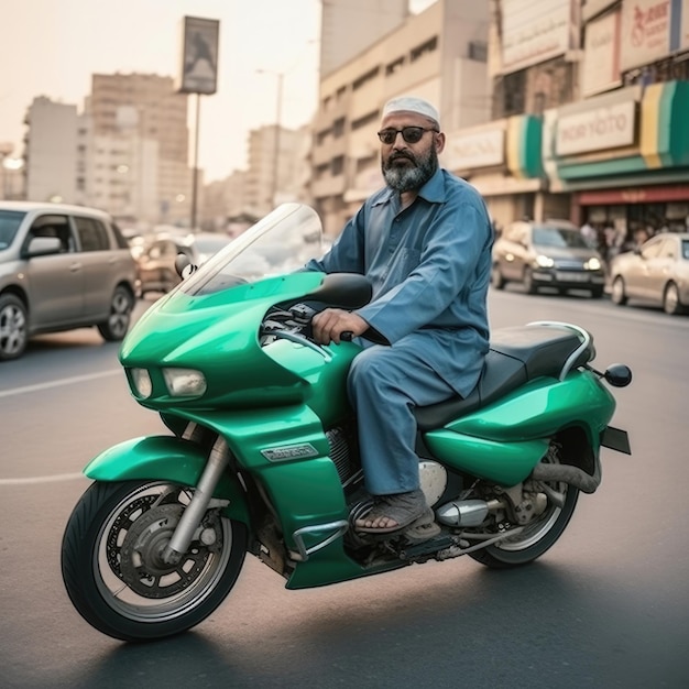 サウジアラビアサウジアラビアでクルーザーバイクに乗るアラブ人