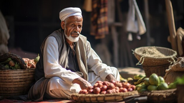 Arab man sitting next to the food he sells in the market