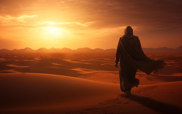 Photo arab man stands alone in the desert and watching the sunset