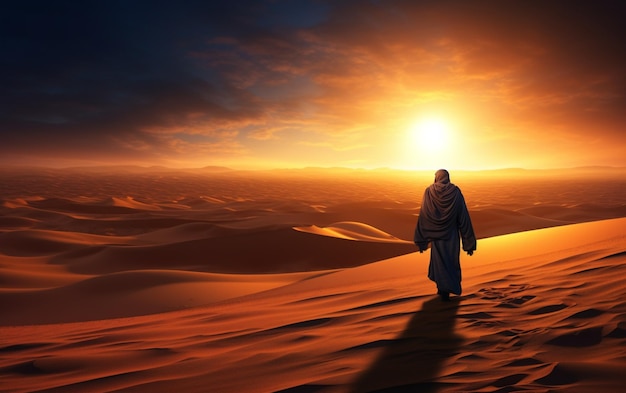 アラブ人男性が砂漠に一人で立っており、夕日を眺めている