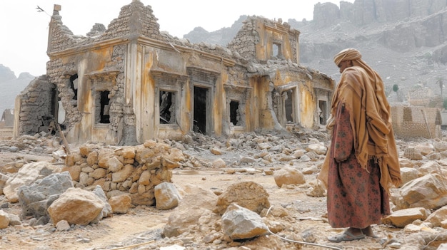 Arab man stands in front of the ruins of house from Taiz City because of the war