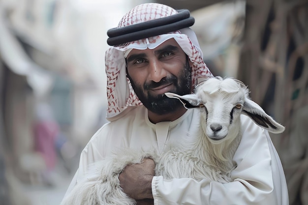 Foto uomo arabo in abiti tradizionali musulmani con una capra tra le braccia eid al adha festa del sacrificio