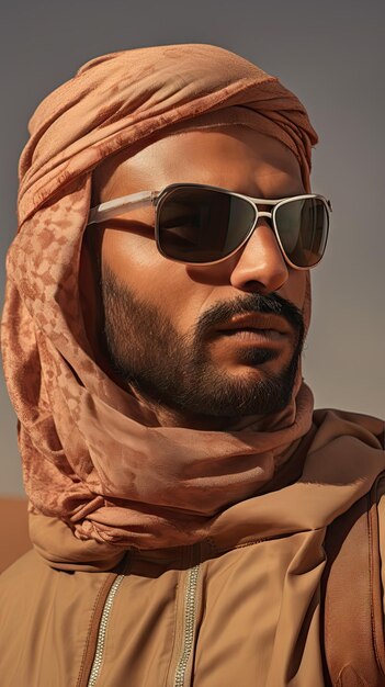 Foto uomo arabo che indossa occhiali da sole del deserto