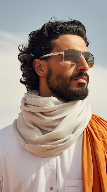 Foto uomo arabo che indossa occhiali da sole del deserto