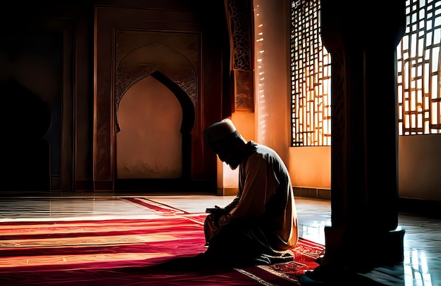 Foto un uomo arabo che indossa abiti tradizionali seduto su una musalla che fa la preghiera in una vecchia moschea