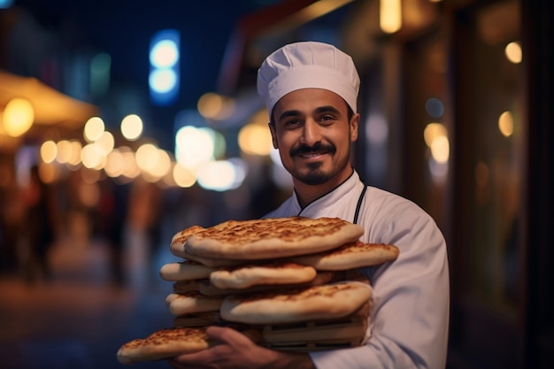 Arab man wearing a traditional kandora and holding pizza boxes while standing on a city street AI