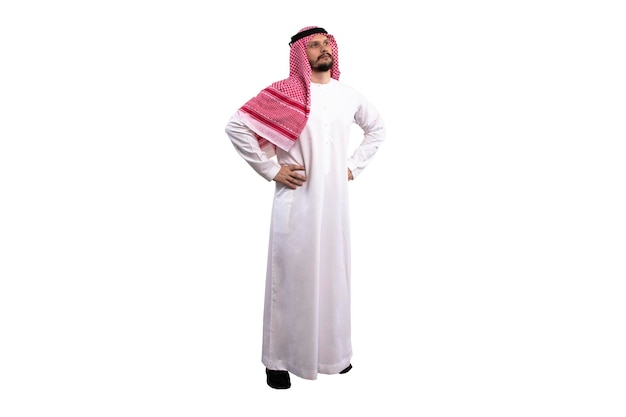 Foto uomo arabo su sfondo bianco in costume tradizionale mostra una varietà di gesti delle mani pronto per il taglio e la modifica