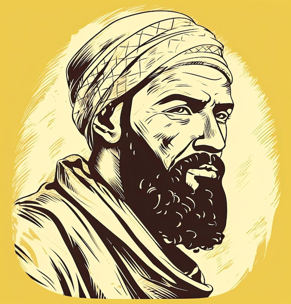 An Arab man with a beard and headscarf in a vintage style featuring light yellow and black colors and a monochromatic outline Generative AI