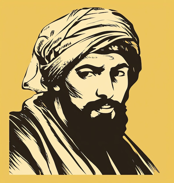 Photo an arab man with a beard and headscarf in a vintage style featuring light yellow and black colors and a monochromatic outline generative ai