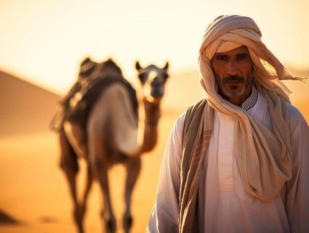 Foto uomo arabo con abiti tradizionali che cammina nel deserto