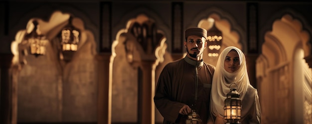 Arab man and woman standing in a beautiful mosque holding a lantern