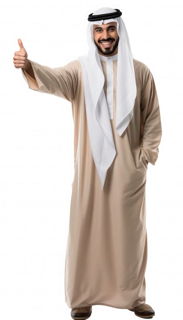 Фото Арабский ближневосточный саудовский мужчина жестикулирует рукой и позирует рукой.