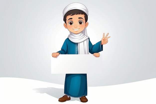 Photo arab muslim boy holding empty banner illustration