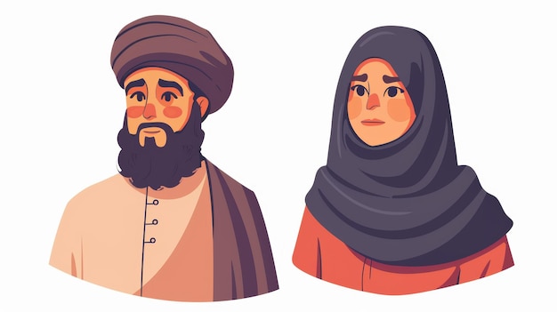 Photo an arab muslim couple wearing turbans and hijabs arabic people wearing headscarves an arab muslim family male and female in conflict isolated modern illustration flat background