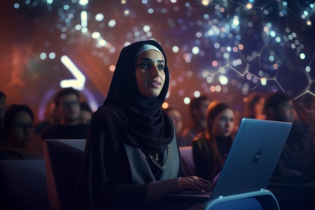 Арабская мусульманка в хиджабе на технологической конференции