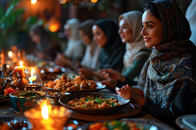 Arab Muslim women gather together during Ramadan with delicious dishes on the table Iftar Dinner