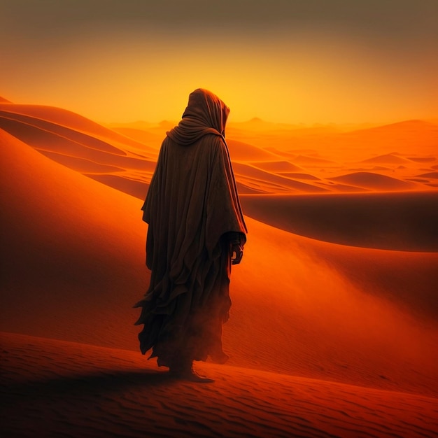 Arab in an orange cloak and hood in the desert