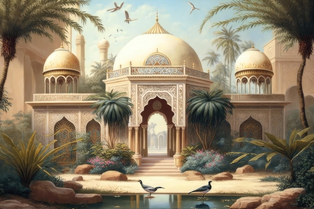 Арабский дворец с видом на сад Grand Hamam Hotel Роскошные восточные интерьеры Абстрактная генерирующая иллюстрация AI