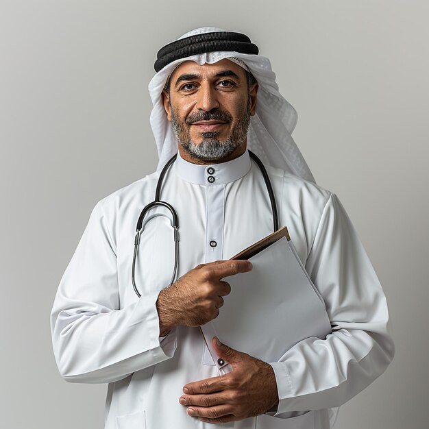 Фото Арабские саудовские эмираты доктор позирует с медицинской историей изолированно на белом фоне