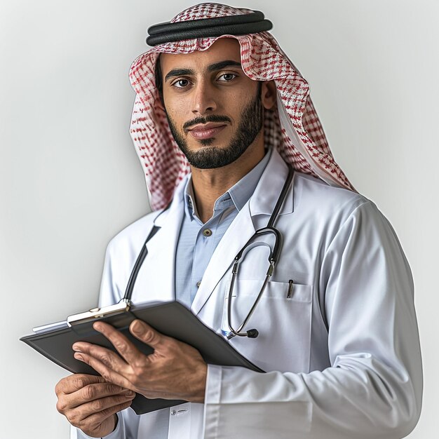 Arab saudi emirates doctor posing holding medical history isolated on a white background