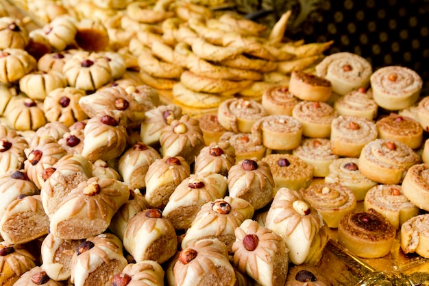 arab sweet pastries cakes stacked bakery