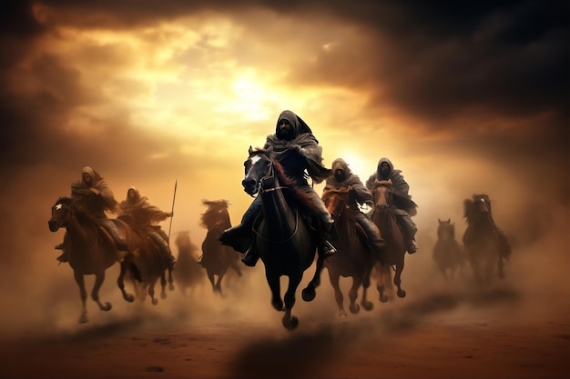 Арабские воины с поднятыми мечами на лошадях быстро бегут по арабской пустыне при заходе солнца