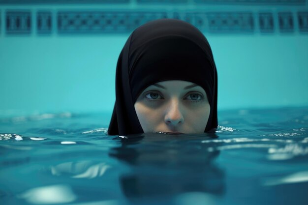 Donna araba in burkini nuota in piscina